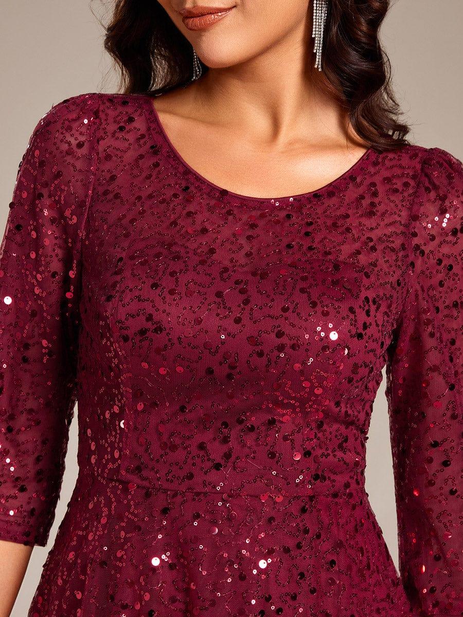 Dazzling Sequin A-Line Midi Evening Dress with Long Sleeves #color_Burgundy