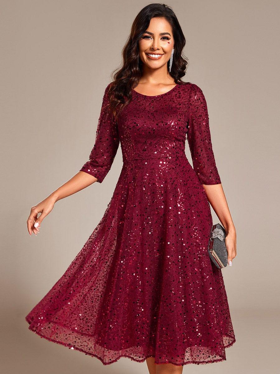 Dazzling Sequin A-Line Midi Evening Dress with Long Sleeves #color_Burgundy