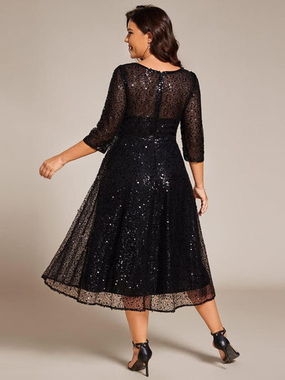 Dazzling Sequin A-Line Midi Evening Dress with Long Sleeves #color_Black