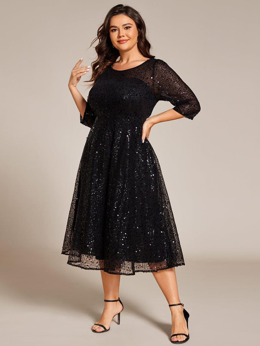 Dazzling Sequin A-Line Midi Evening Dress with Long Sleeves #color_Black