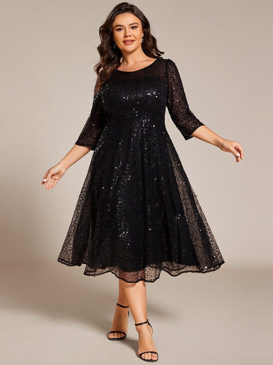 Dazzling Sequin A-Line Midi Evening Dress with Long Sleeves #color_Black