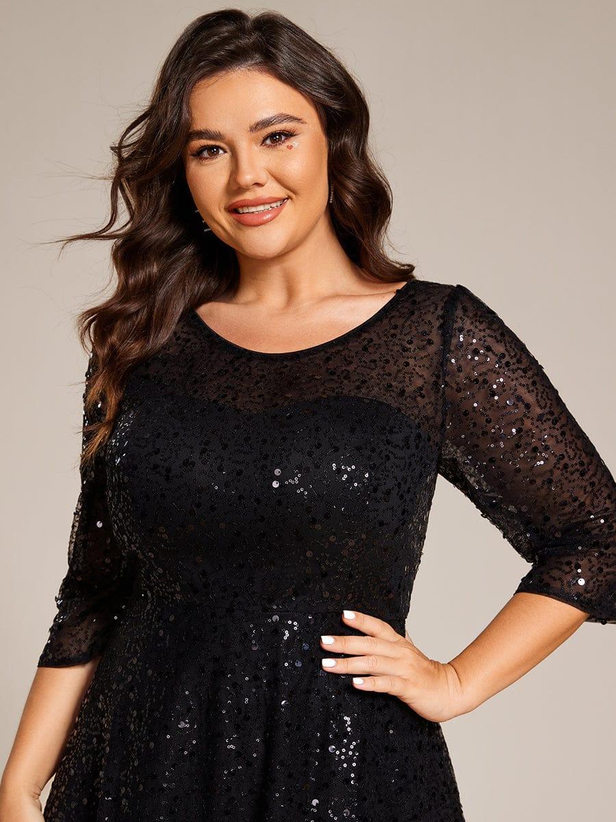 Dazzling Sequin A-Line Midi Evening Dress with Long Sleeves #color_Black