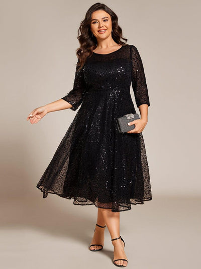 Dazzling Sequin A-Line Midi Evening Dress with Long Sleeves #color_Black