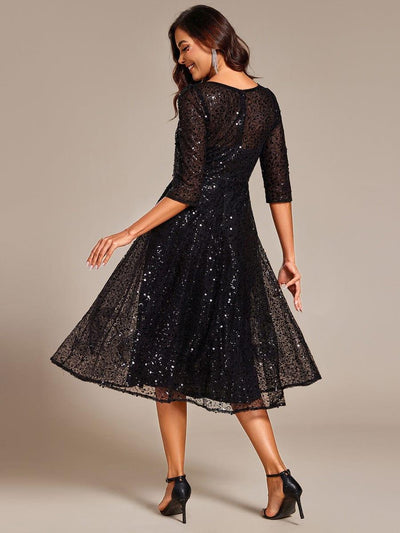 Dazzling Sequin A-Line Midi Evening Dress with Long Sleeves #color_Black