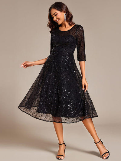 Dazzling Sequin A-Line Midi Evening Dress with Long Sleeves #color_Black