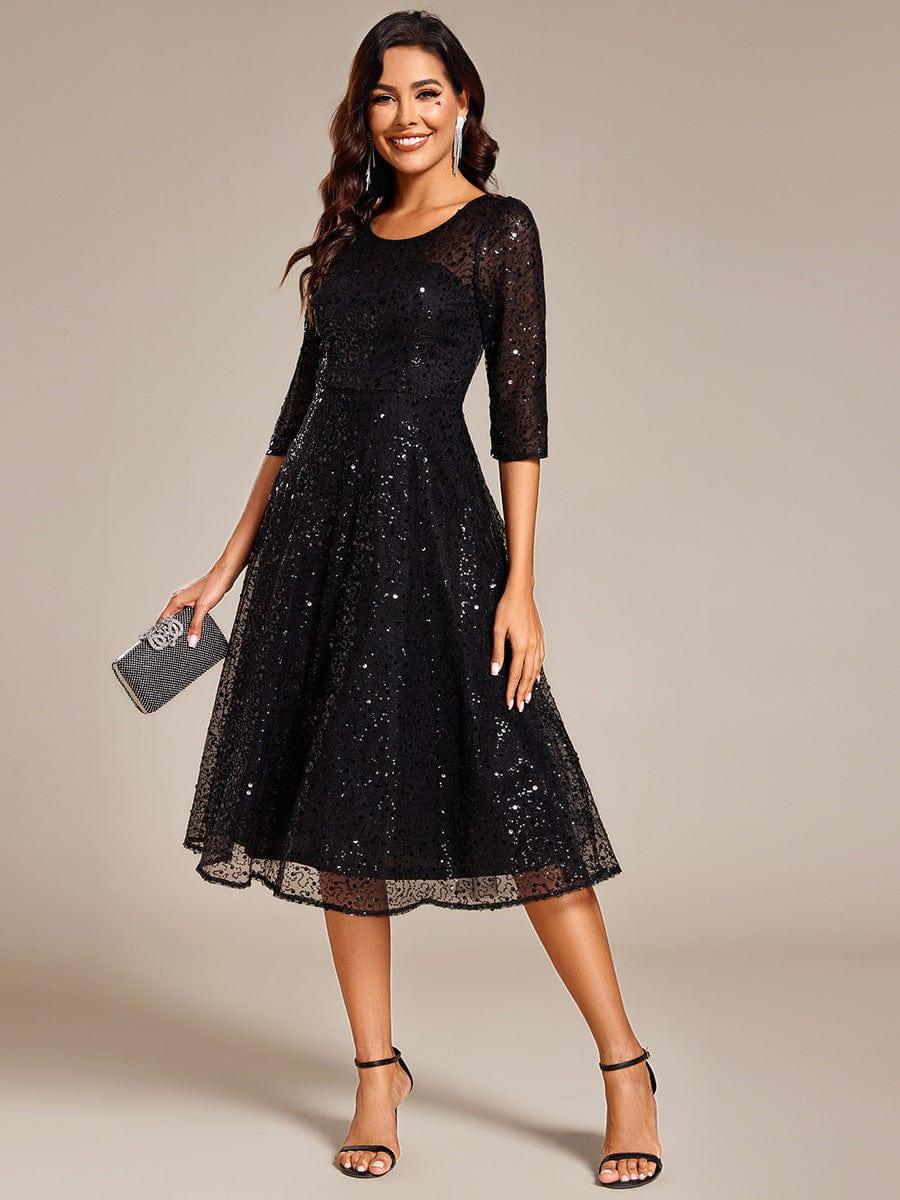 Dazzling Sequin A-Line Midi Evening Dress with Long Sleeves #color_Black