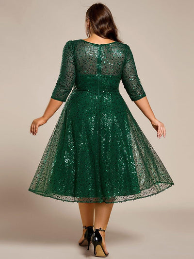 Dazzling Sequin A-Line Midi Evening Dress with Long Sleeves #color_Dark Green