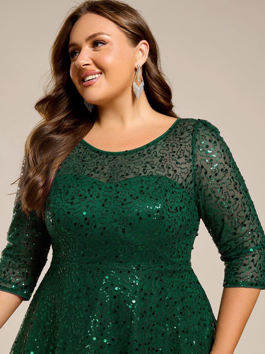 Dazzling Sequin A-Line Midi Evening Dress with Long Sleeves #color_Dark Green
