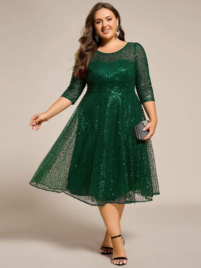 Dazzling Sequin A-Line Midi Evening Dress with Long Sleeves #color_Dark Green