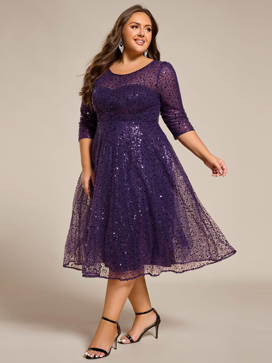 Dazzling Sequin A-Line Midi Evening Dress with Long Sleeves #color_Dark Purple