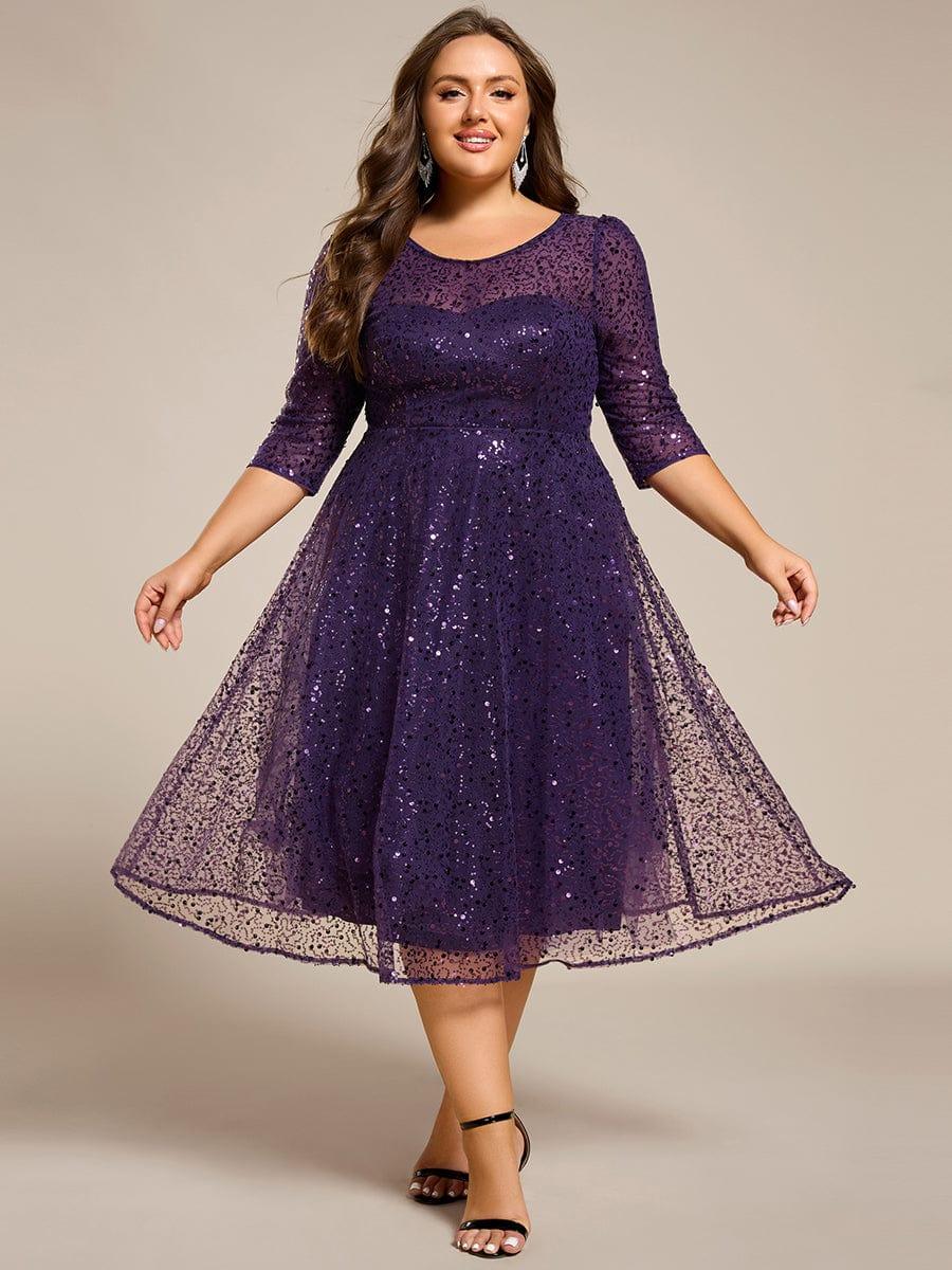 Dazzling Sequin A-Line Midi Evening Dress with Long Sleeves #color_Dark Purple