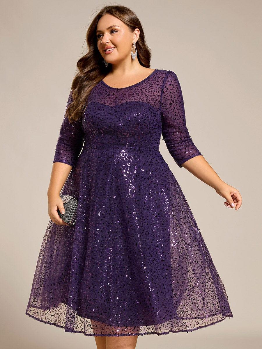 Dazzling Sequin A-Line Midi Evening Dress with Long Sleeves #color_Dark Purple