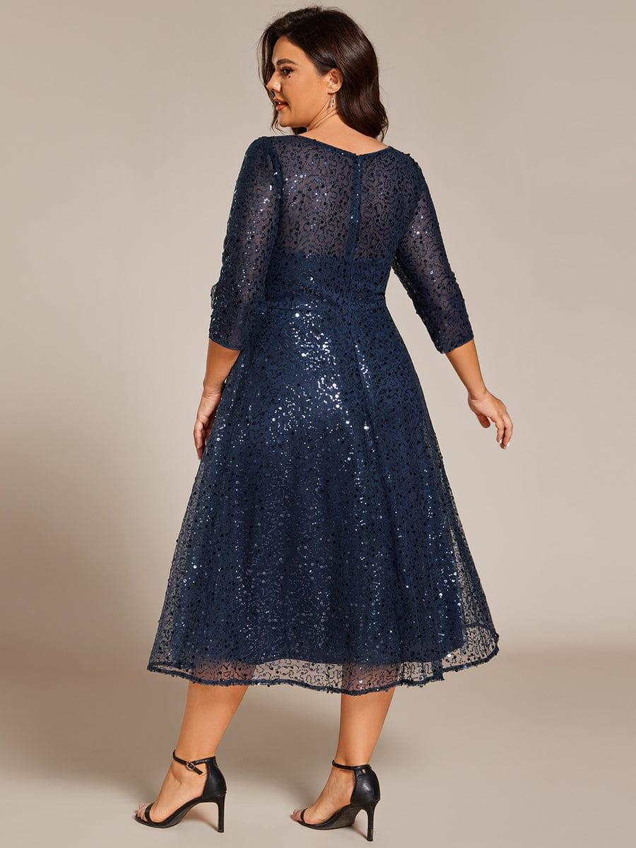 Dazzling Sequin A-Line Midi Evening Dress with Long Sleeves #color_Navy Blue