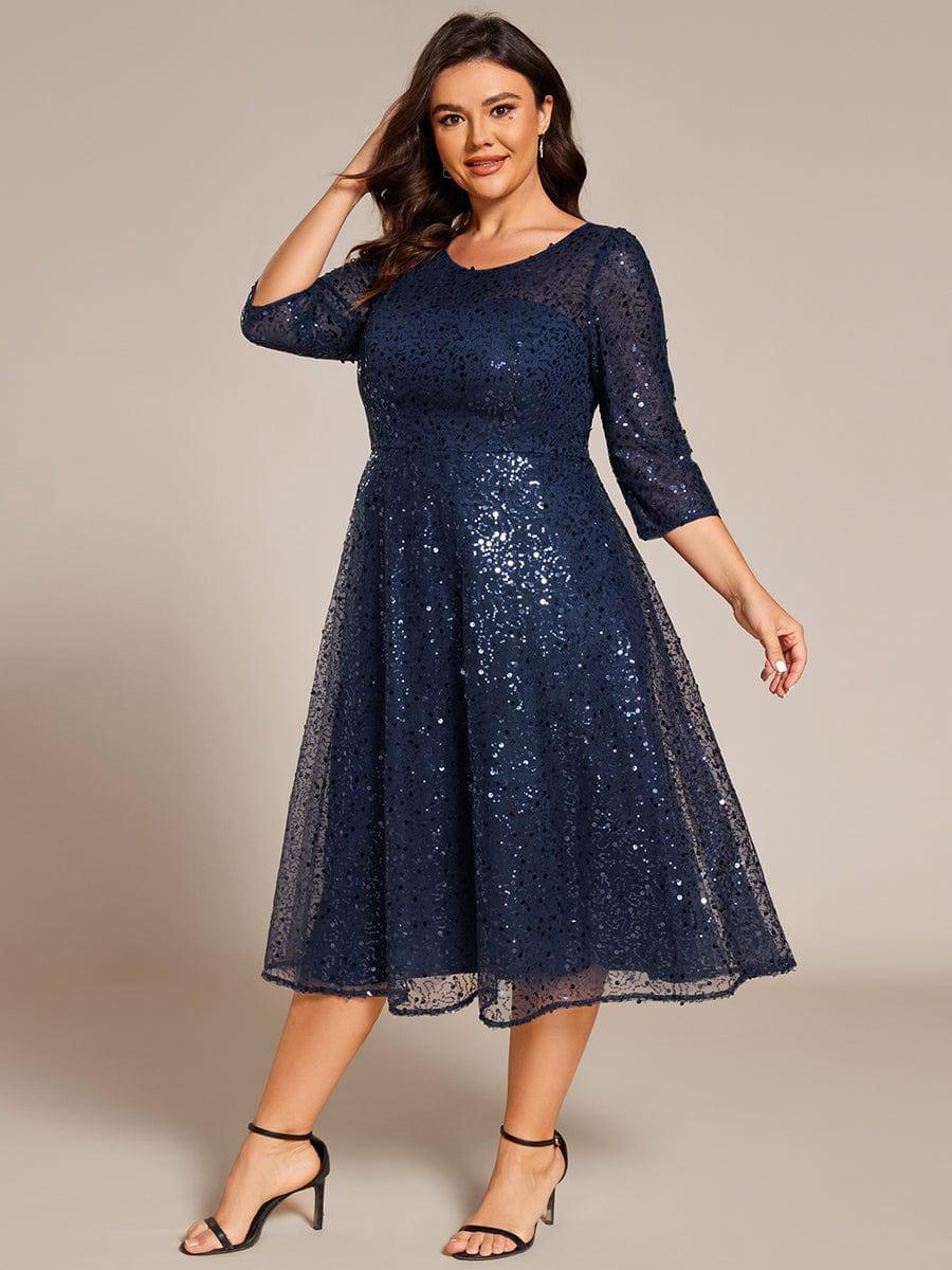 Dazzling Sequin A-Line Midi Evening Dress with Long Sleeves #color_Navy Blue