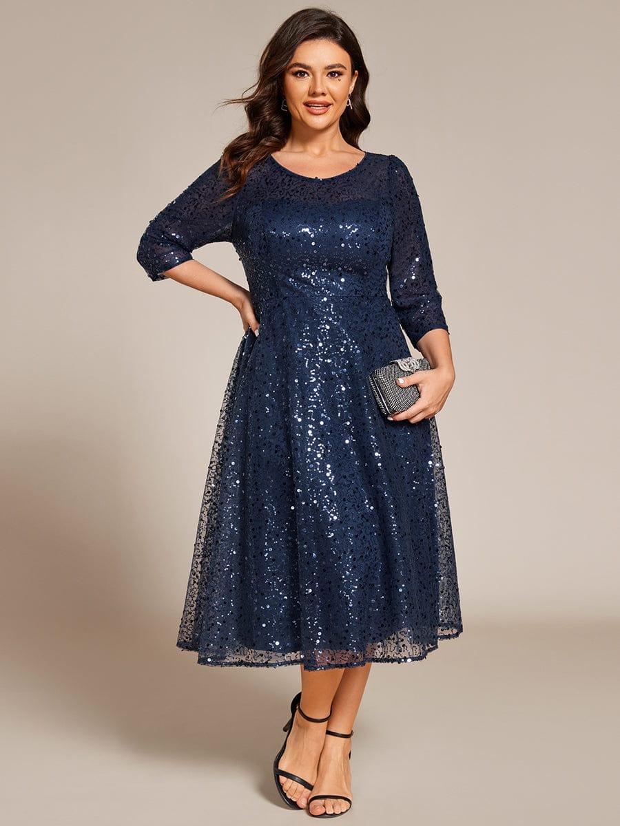 Dazzling Sequin A-Line Midi Evening Dress with Long Sleeves #color_Navy Blue