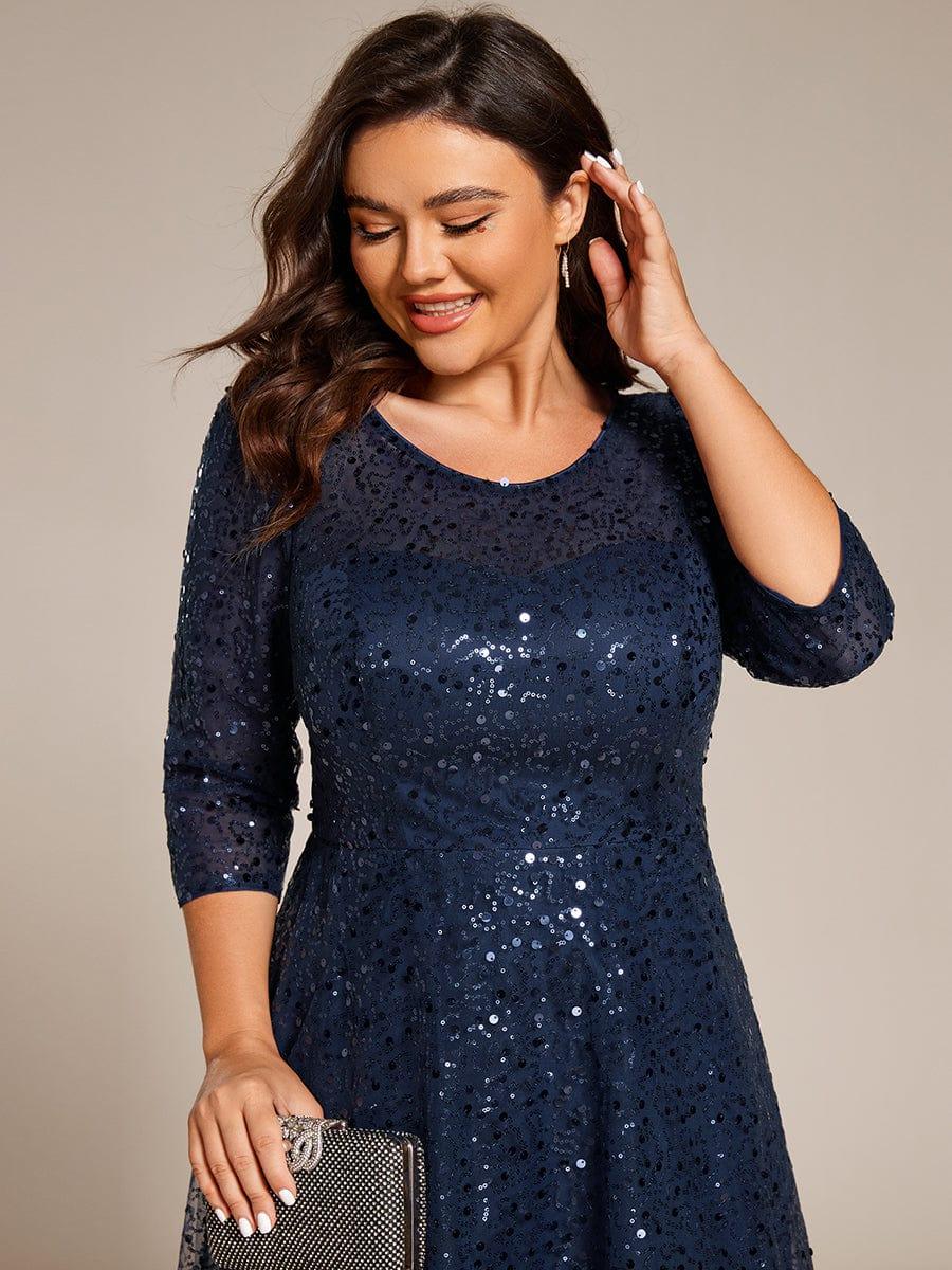 Dazzling Sequin A-Line Midi Evening Dress with Long Sleeves #color_Navy Blue