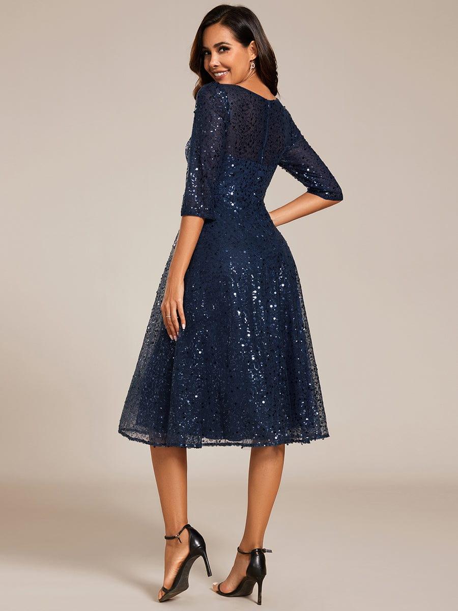 Dazzling Sequin A-Line Midi Evening Dress with Long Sleeves #color_Navy Blue