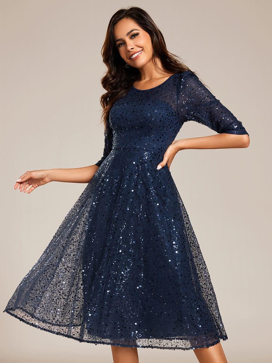 Dazzling Sequin A-Line Midi Evening Dress with Long Sleeves #color_Navy Blue