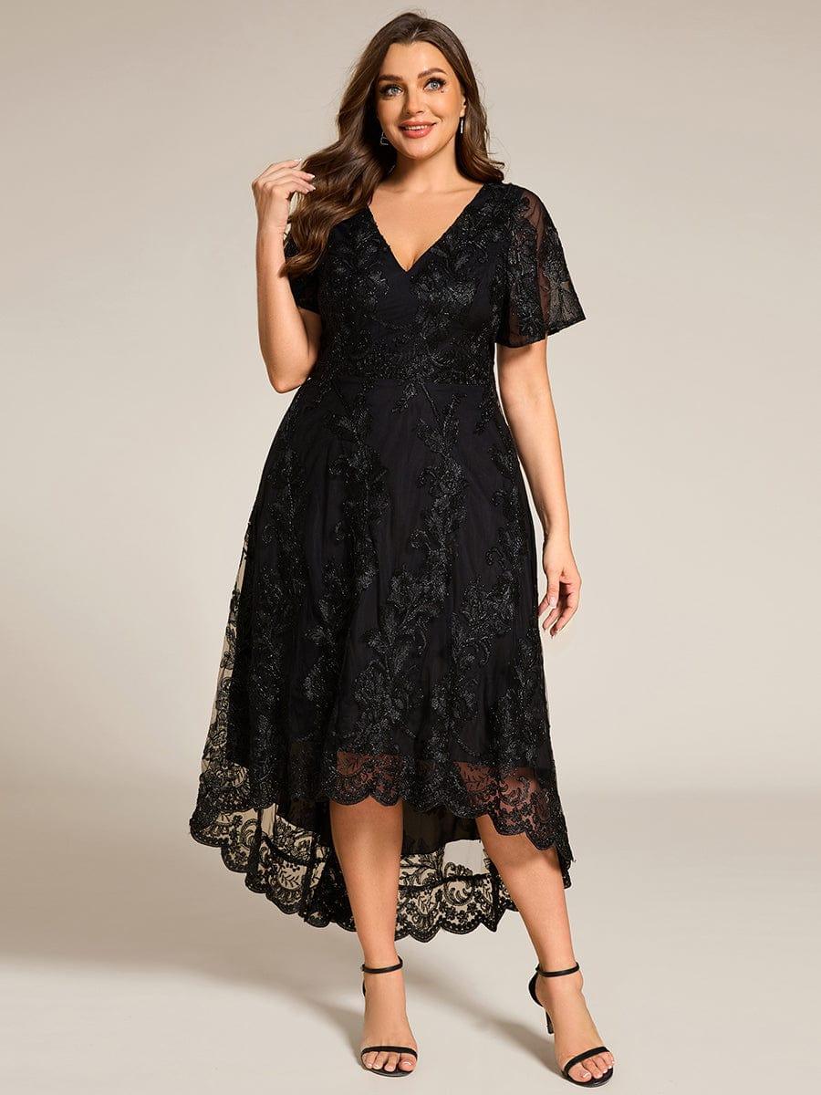 Embroidered Mesh High-Low Midi Evening Dress with Short Sleeves #color_Black