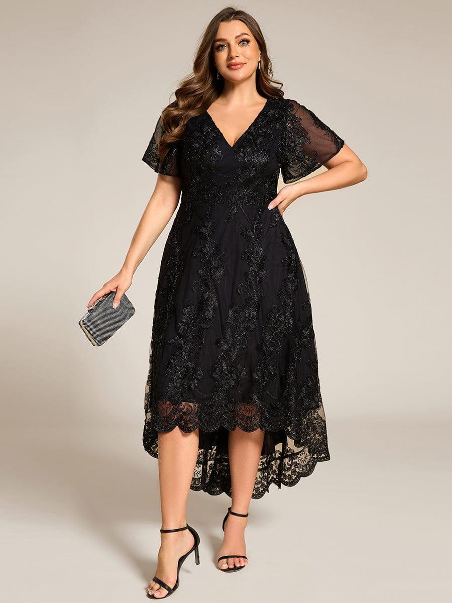Embroidered Mesh High-Low Midi Evening Dress with Short Sleeves #color_Black