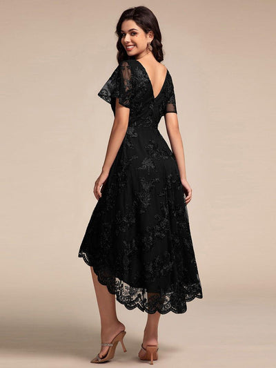 Embroidered Mesh High-Low Midi Evening Dress with Short Sleeves #color_Black