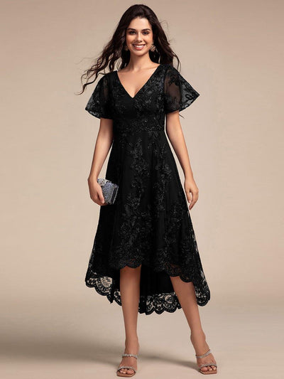 Embroidered Mesh High-Low Midi Evening Dress with Short Sleeves #color_Black