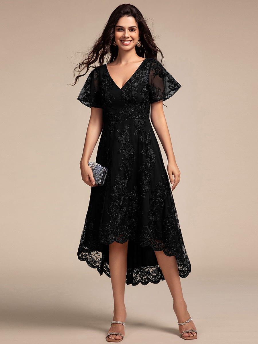 Embroidered Mesh High-Low Midi Evening Dress with Short Sleeves #color_Black
