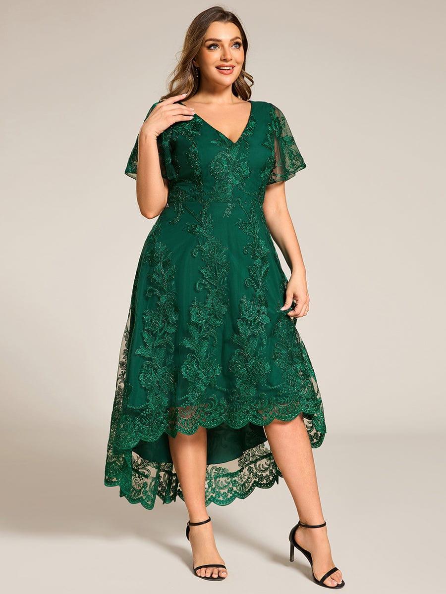 Embroidered Mesh High-Low Midi Evening Dress with Short Sleeves #color_Dark Green