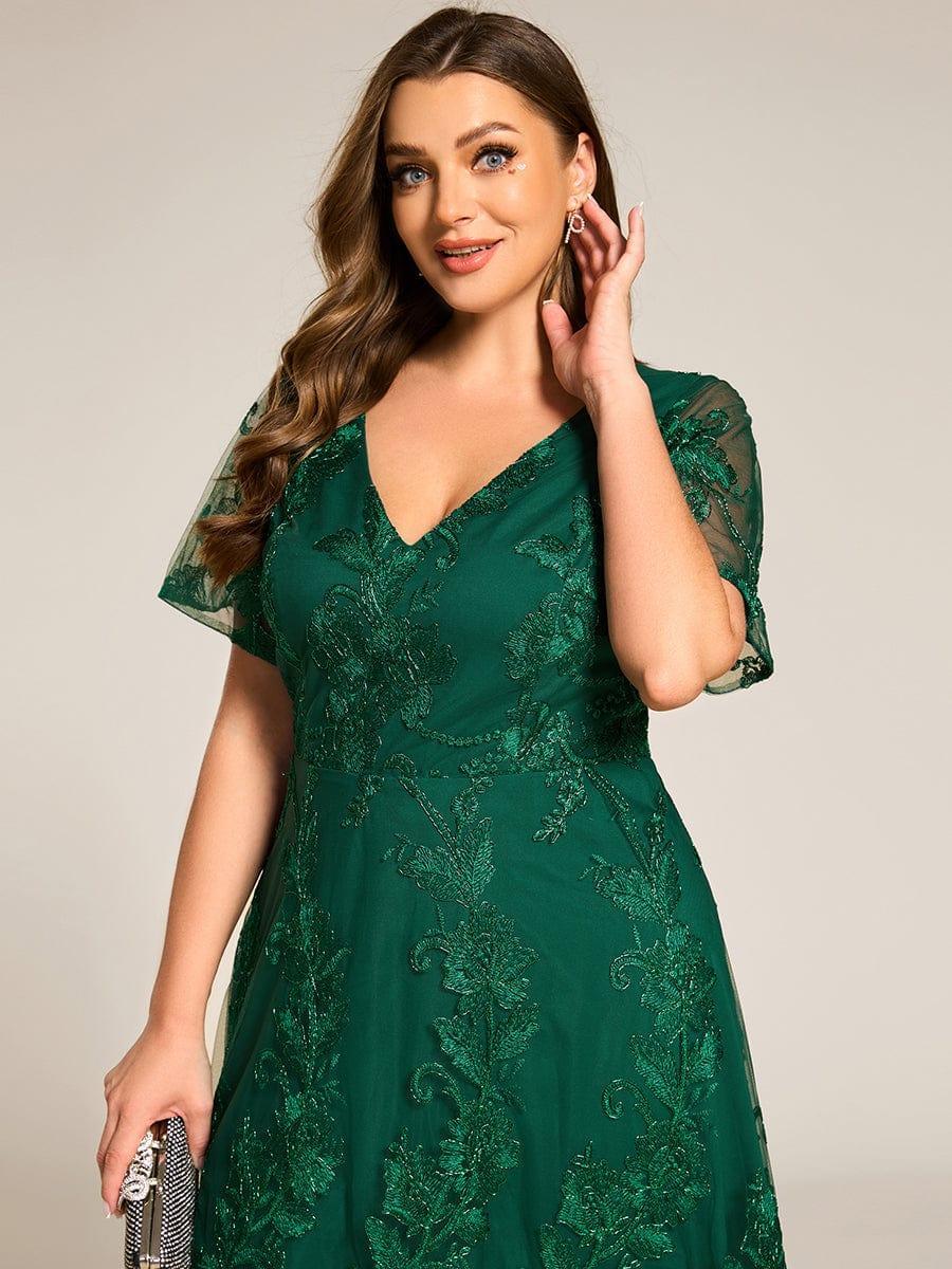 Embroidered Mesh High-Low Midi Evening Dress with Short Sleeves #color_Dark Green