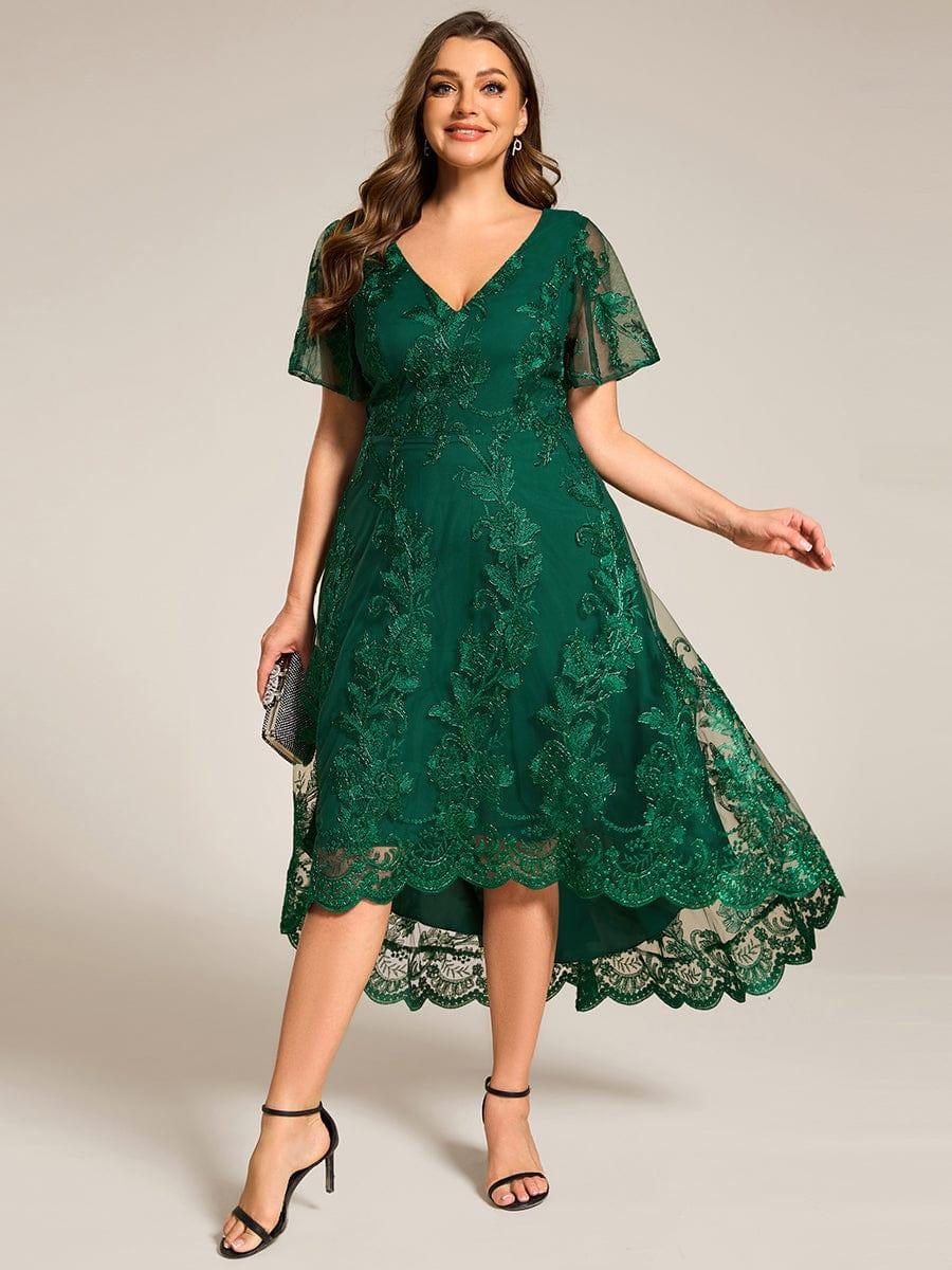 Embroidered Mesh High-Low Midi Evening Dress with Short Sleeves #color_Dark Green