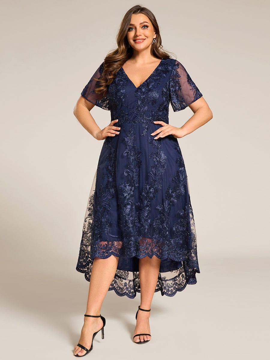 Embroidered Mesh High-Low Midi Evening Dress with Short Sleeves #color_Navy Blue
