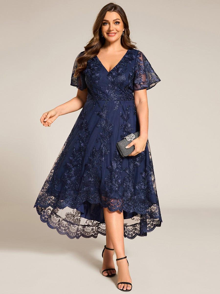 Embroidered Mesh High-Low Midi Evening Dress with Short Sleeves #color_Navy Blue