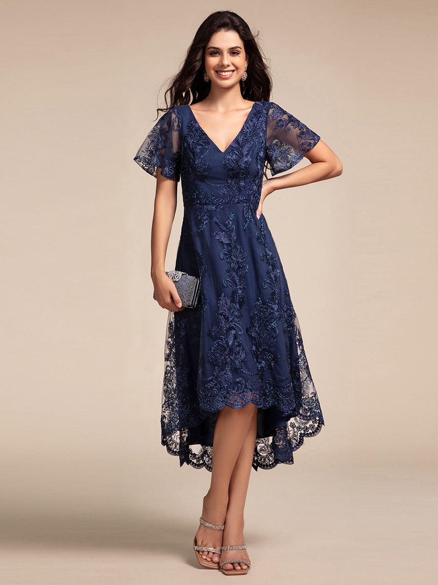 Embroidered Mesh High-Low Midi Evening Dress with Short Sleeves #color_Navy Blue