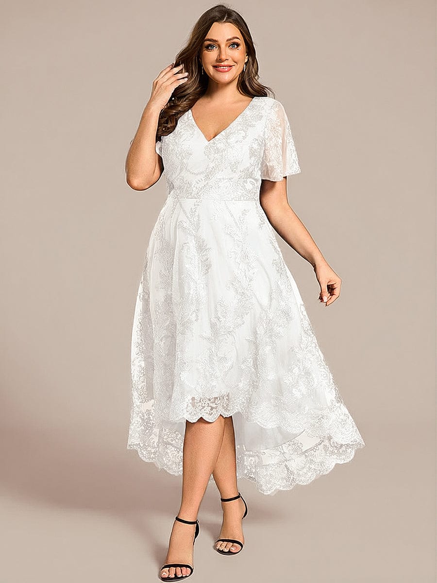 Embroidered Mesh High-Low Midi Wedding Guest Dress with Short Sleeves #color_White