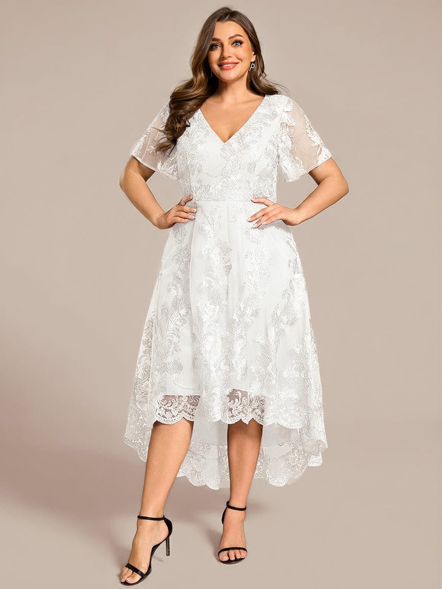 Embroidered Mesh High-Low Midi Evening Dress with Short Sleeves #color_White
