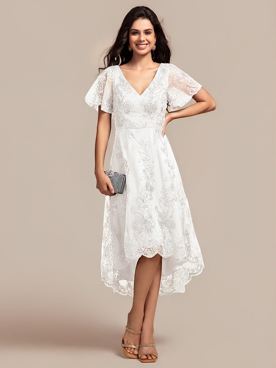 Embroidered Mesh High-Low Midi Wedding Guest Dress with Short Sleeves #color_White