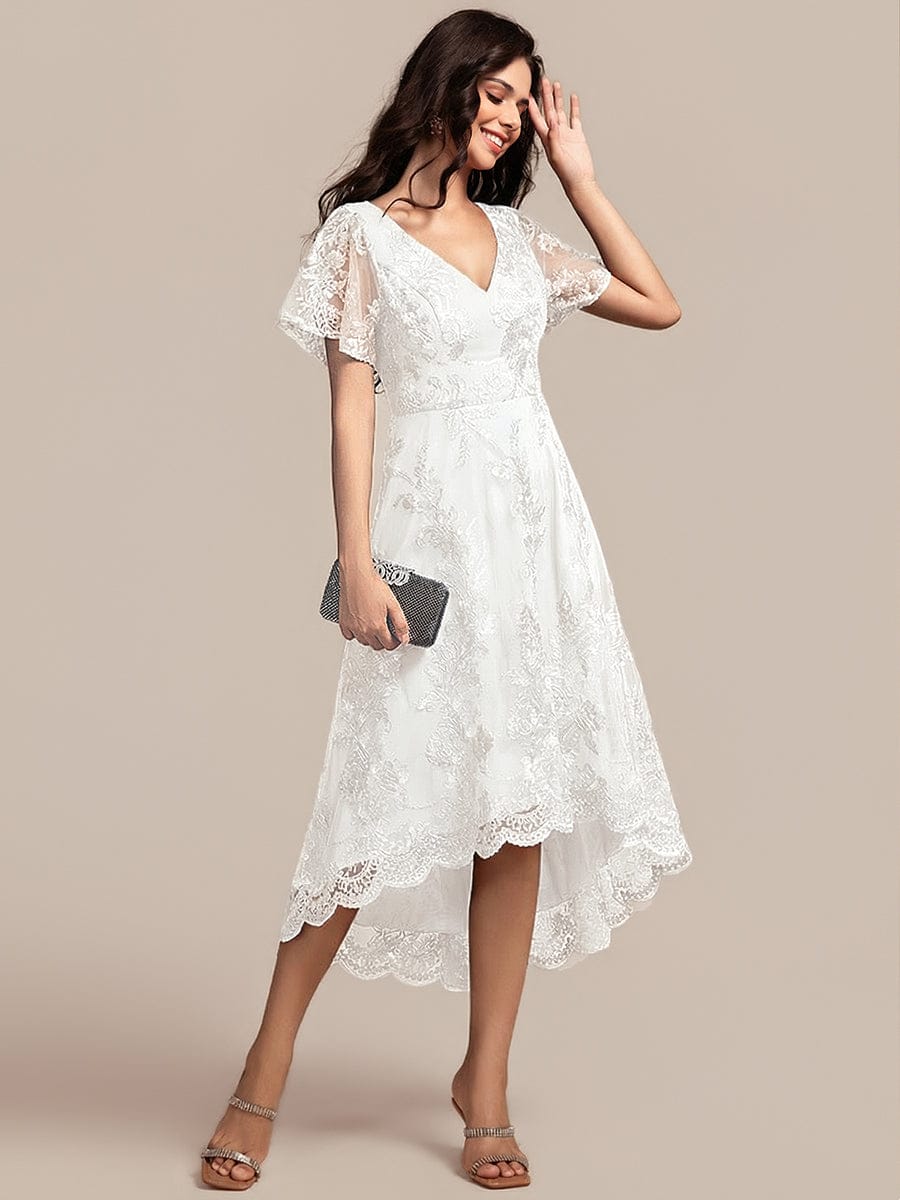 Embroidered Mesh High-Low Midi Wedding Guest Dress with Short Sleeves #color_White