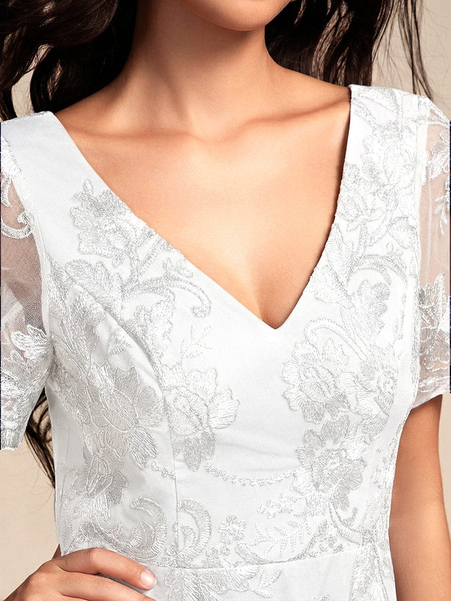 Embroidered Mesh High-Low Midi Wedding Guest Dress with Short Sleeves #color_White