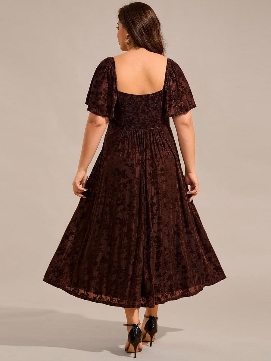 Velvet Short Sleeve Tea-Length Jacquard Wedding Guest Dress #color_Coffee