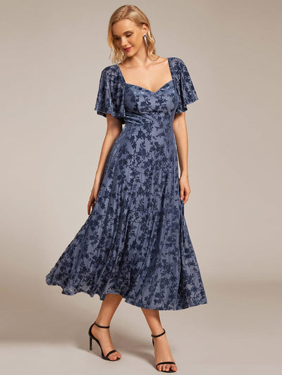 Velvet Short Sleeve Tea-Length Jacquard Wedding Guest Dress #color_Dusty Blue