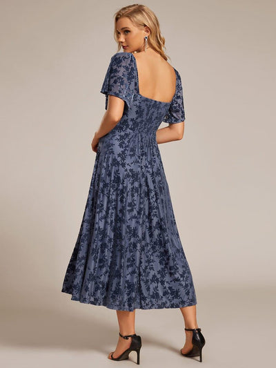 Velvet Short Sleeve Tea-Length Jacquard Wedding Guest Dress #color_Dusty Blue