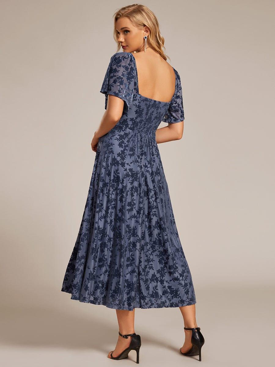 Velvet Short Sleeve Tea-Length Jacquard Wedding Guest Dress #color_Dusty Blue