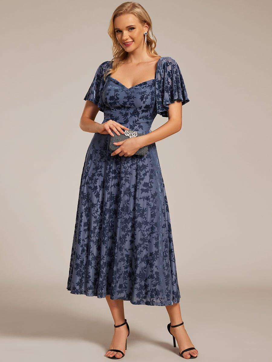 Velvet Short Sleeve Tea-Length Jacquard Wedding Guest Dress #color_Dusty Blue