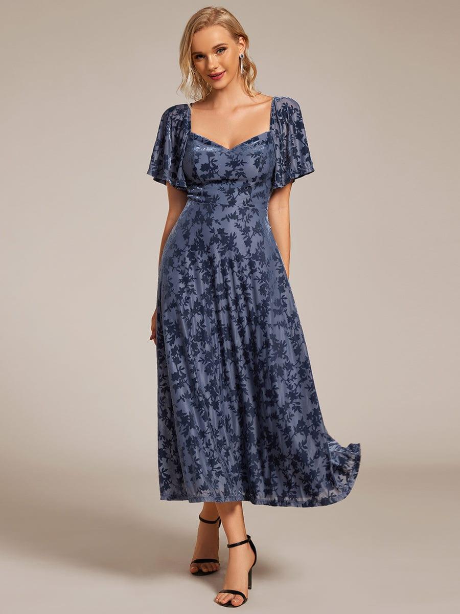 Velvet Short Sleeve Tea-Length Jacquard Wedding Guest Dress #color_Dusty Blue