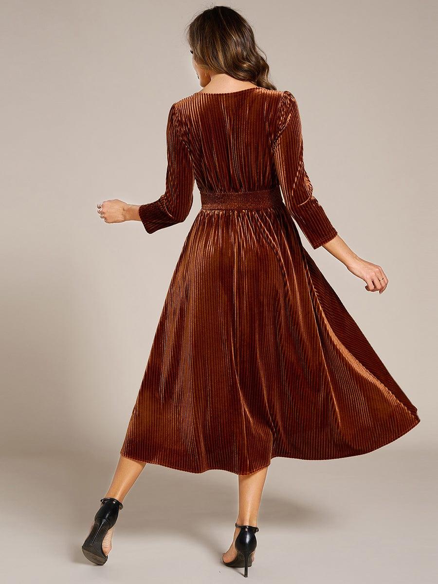 V-neck Long Sleeve Velvet A-Line Midi Wedding Guest Dress #color_Caramel