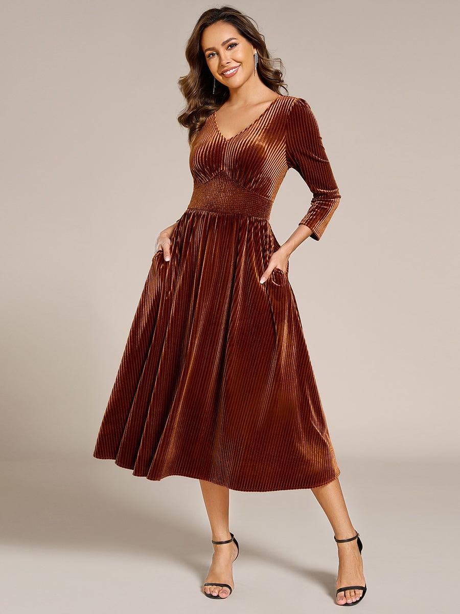 V-neck Long Sleeve Velvet A-Line Midi Wedding Guest Dress #color_Caramel