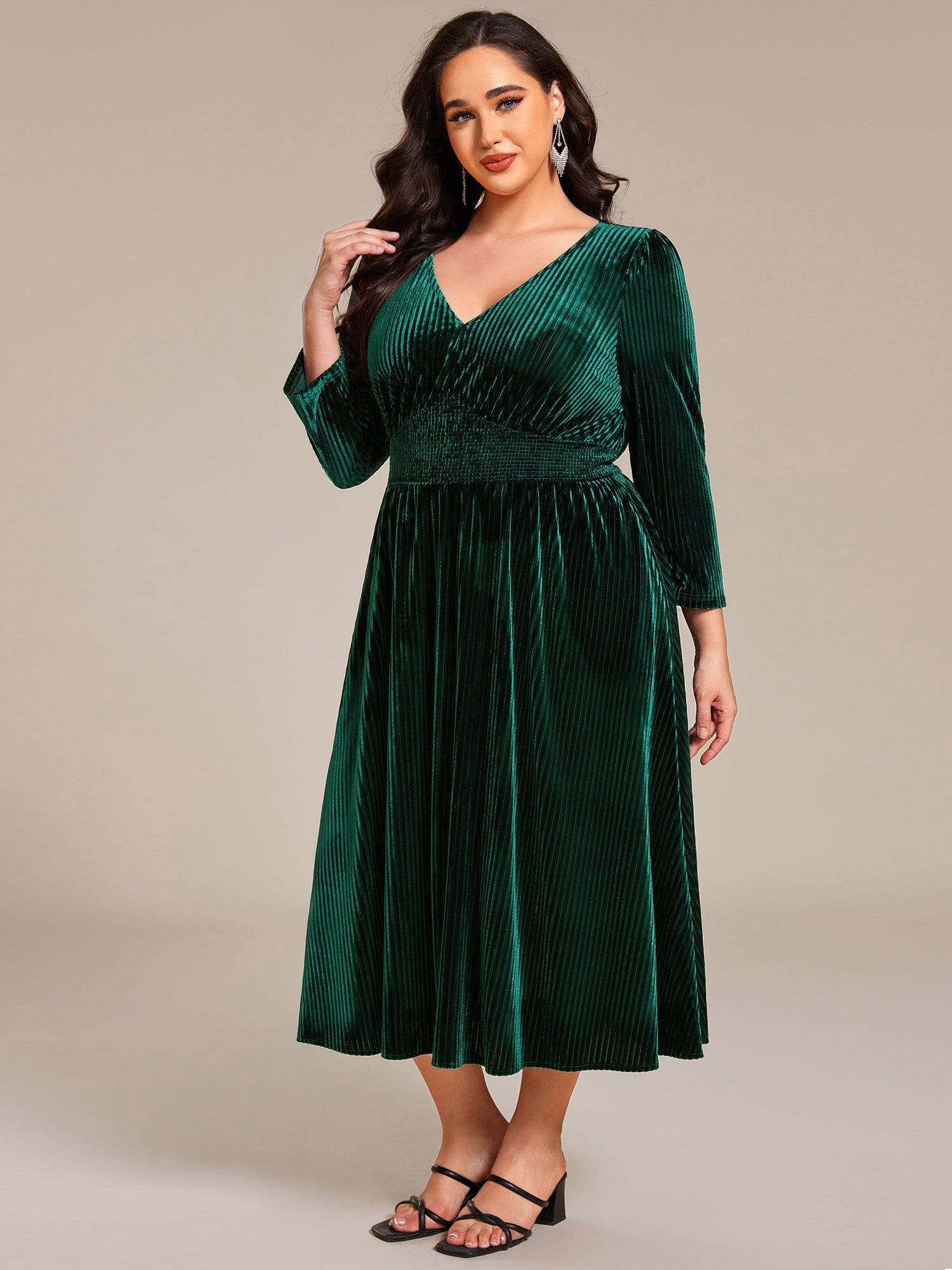 V-neck Long Sleeve Velvet A-Line Midi Wedding Guest Dress #color_Dark Green