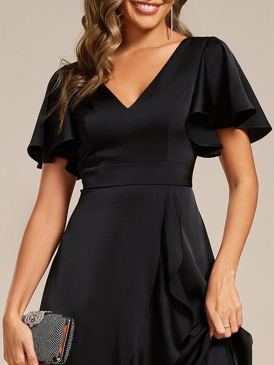 Ruffled V-neck Midi Satin Wedding Guest Dress #color_Black