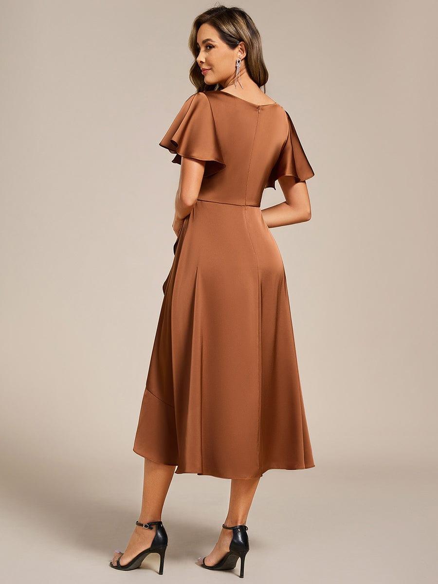 Ruffled V-neck Midi Satin Wedding Guest Dress #color_Brown
