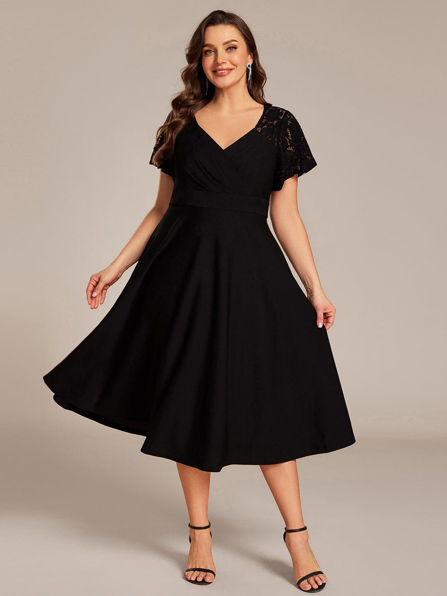 Sweetheart Neck Hollow Out Short Sleeve Midi Length Evening Dress With Pockets #color_Black